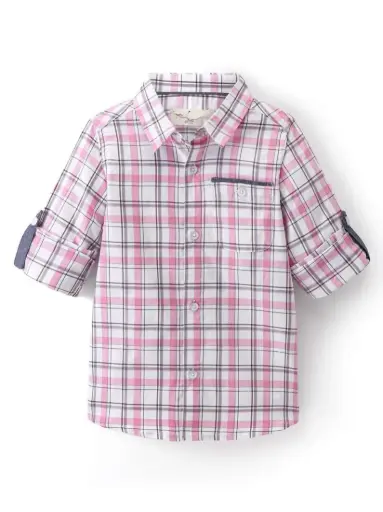 Boys' Pink & White Checkered Cotton Shirt – Roll-Up Sleeves